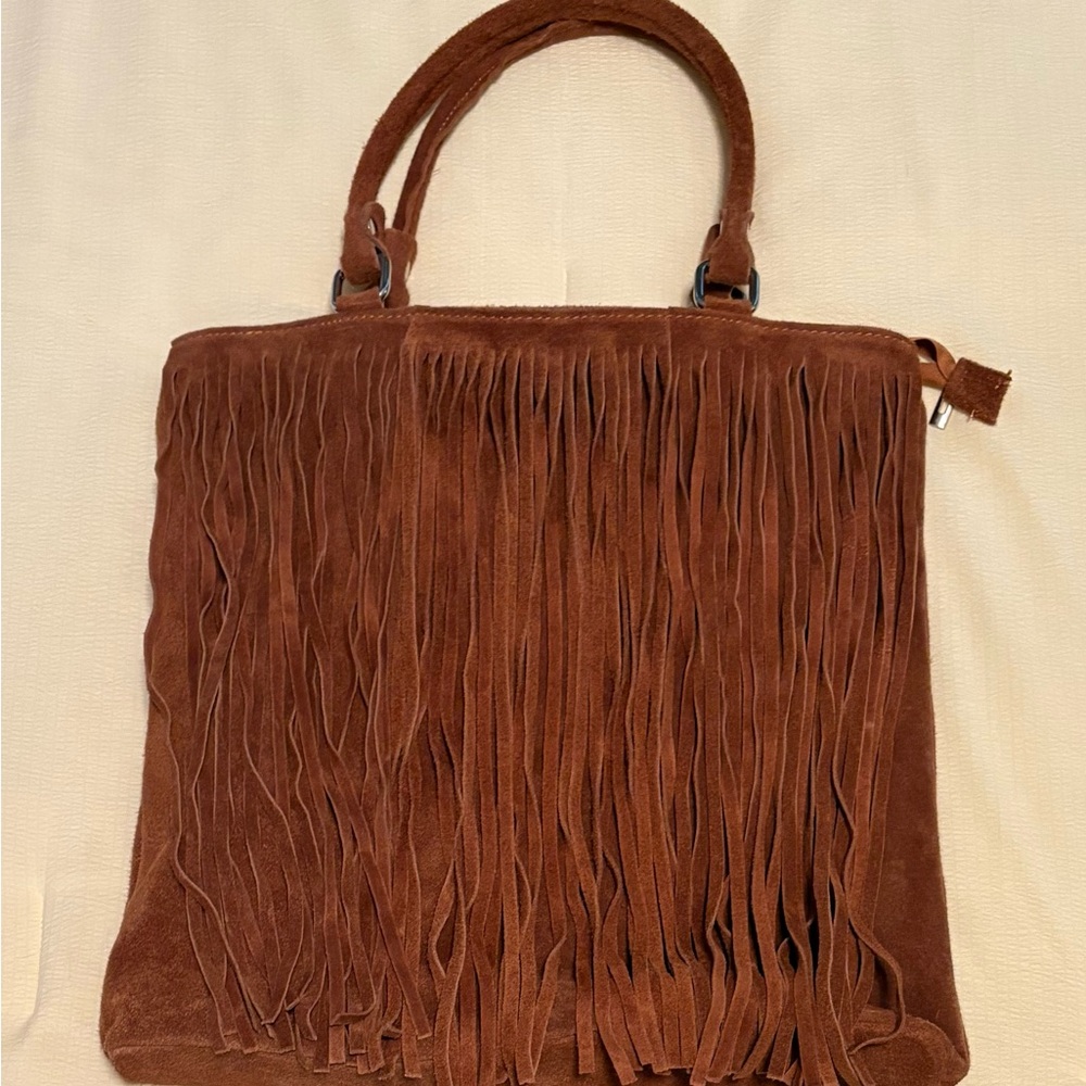 Brown Fringe Suede Tote Bag